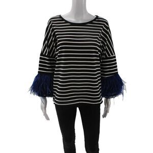 Pello Bello Women Black Striped Round Neck 3/4 Sleeve Top Size One Size